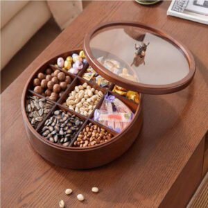 Premium Wooden Dry Fruit & Snack Organizer with Rotating Glass Lid – 9 Compartment Round Box by EcoCrafted